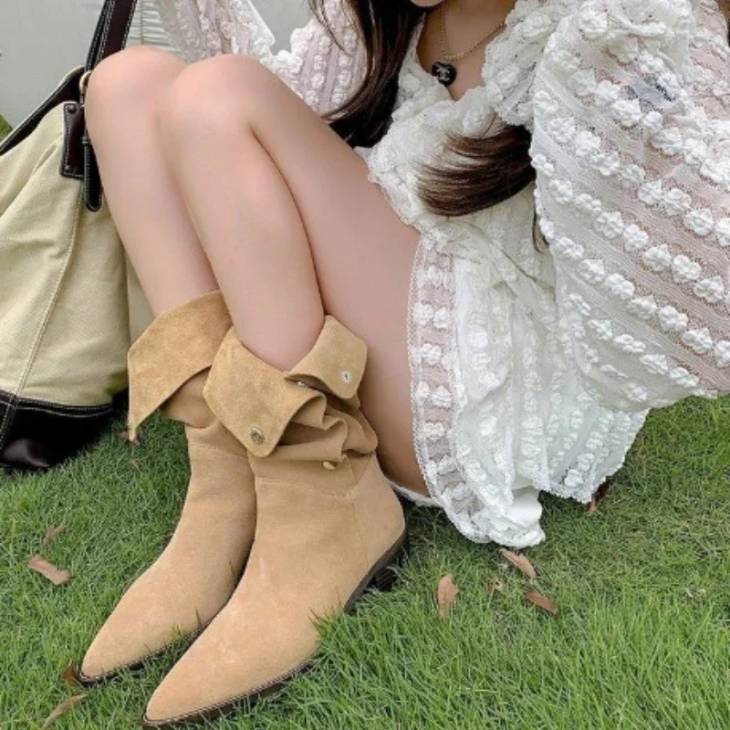 Women Retro Pleated Knee High Cowboy Boots 2024 Autumn High Heels Pointed Toe Thick Heeled Botas Western Boots Woman Long Botas image 5