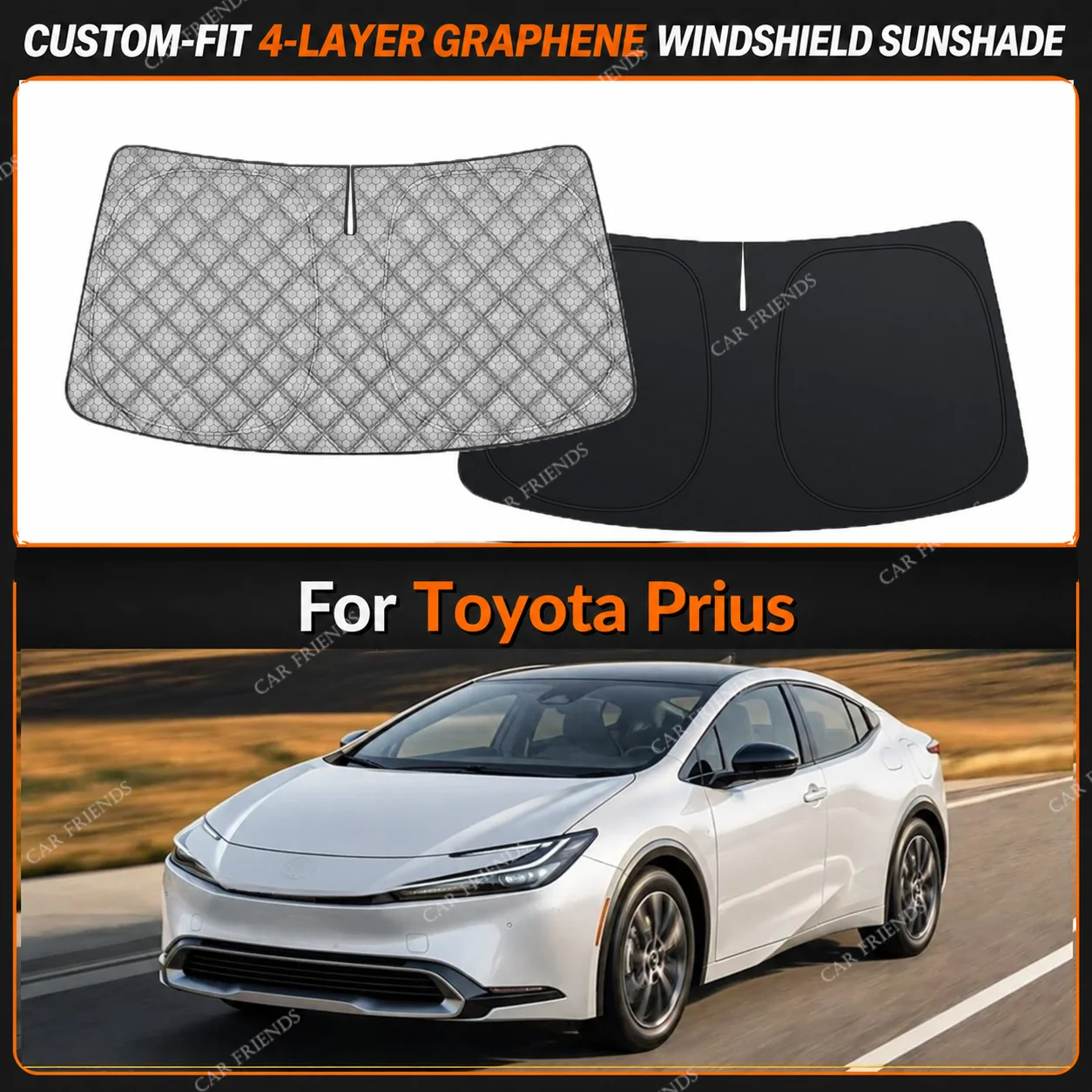 For Toyota Prius Custom-Fit 4-Layer Graphene Windshield Sunshade Reflective Gray-Silver Surface Helps Reduce Direct Sunlight