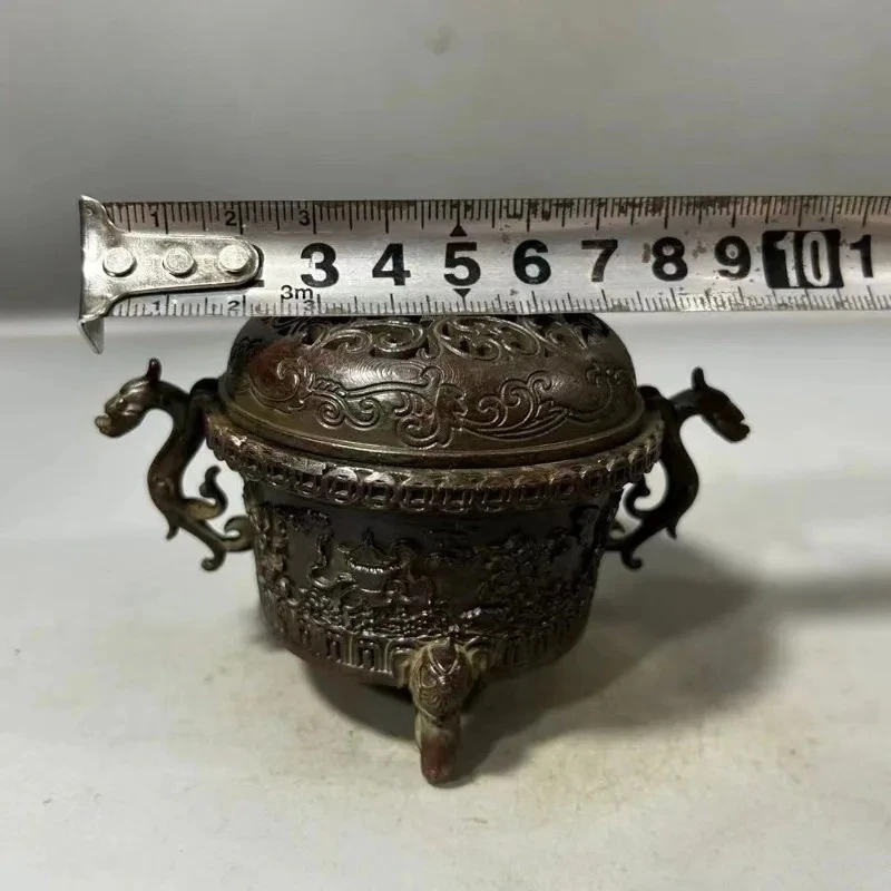 Two-Handled Tripod Lidded Incense Burner, Retro Auspicious Eight Treasures & Divine Beast Motif, Household Ornament