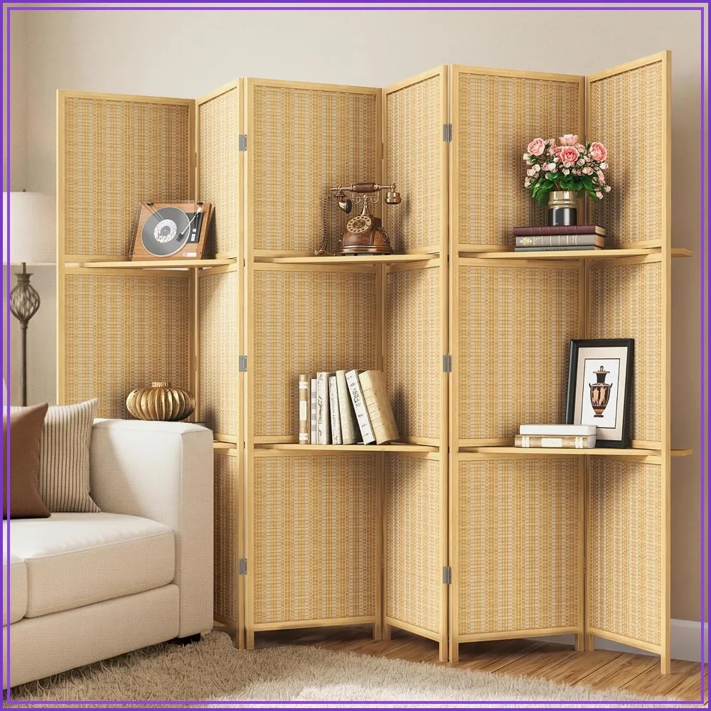 Bamboo Room Divider 6-Panel Screen with Shelves, Freestanding, 67H x 96W