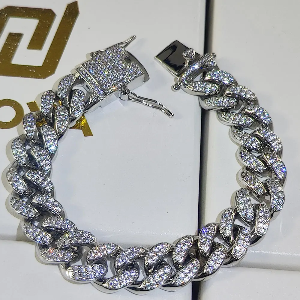 Nuoya Street-wear Hip Hop Jewelry Silver Color Cuban Link Chain Bracelet Iced 5A CZ Stones Bracelet Durable