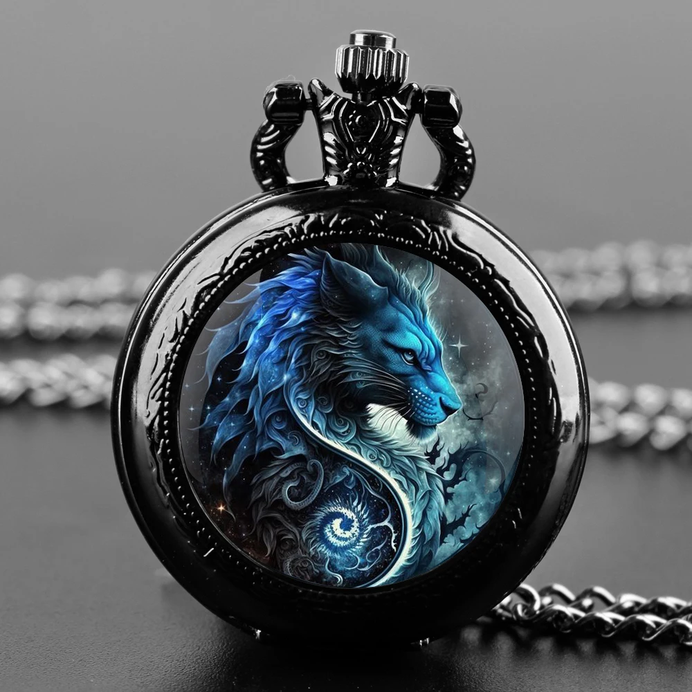 Reloj de bolsillo de cuarzo con diseño de dragón azul para hombres y mujeres, cúpula de cristal, cadena duradera, esfera de números árabes, regalos creativos