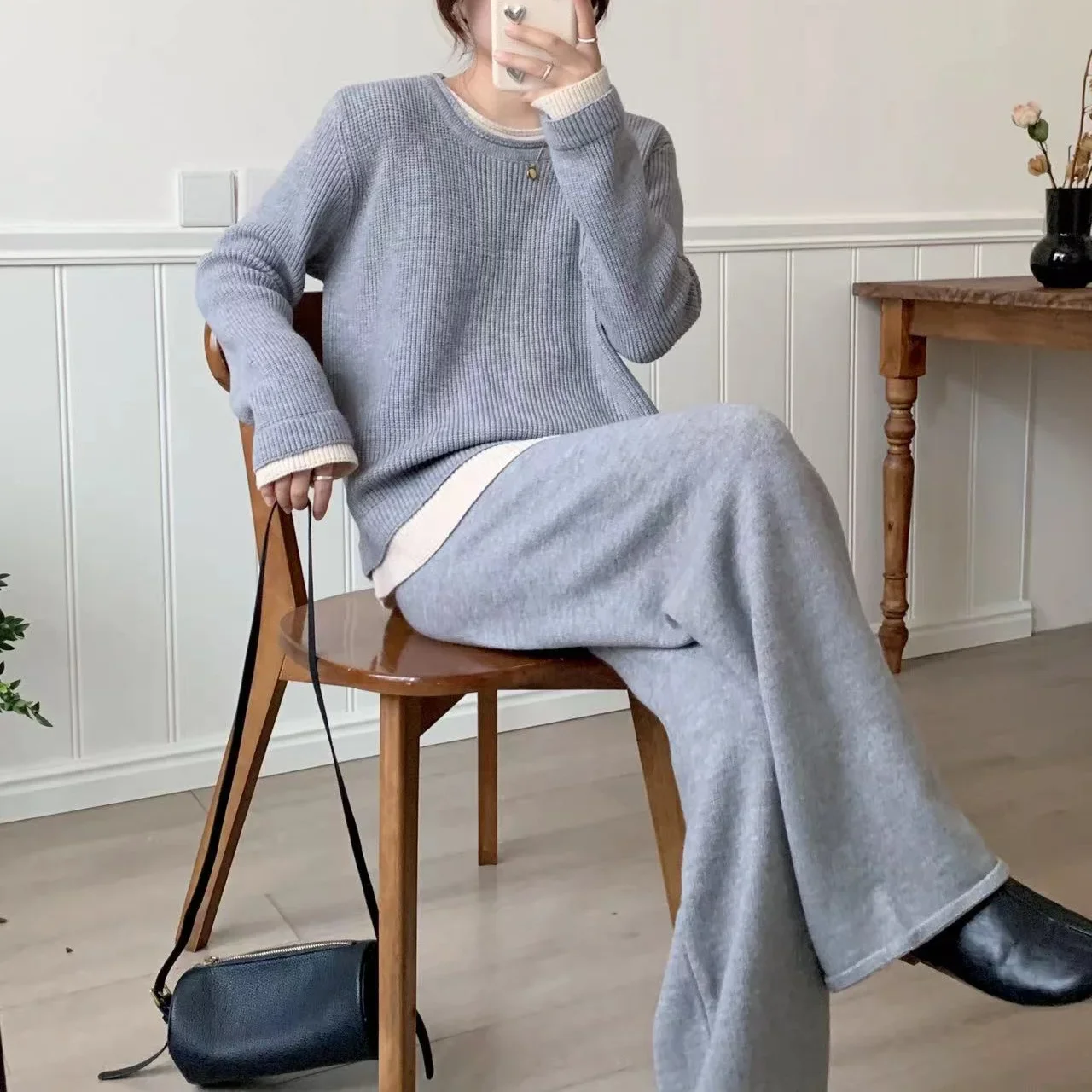 Sweater suit women\'s new autumn and winter Korean style loose lazy style sweater wide-leg pants casual two-piece set