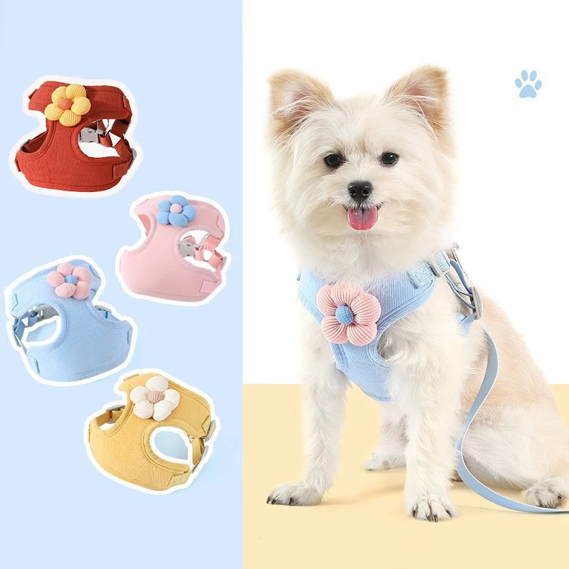 Flower Small Medium Dog Vest Harness Leash Set Outdoors Durable Chain for Bomei Shiba Inu Walking Anti Lost Pet Cat Accessories