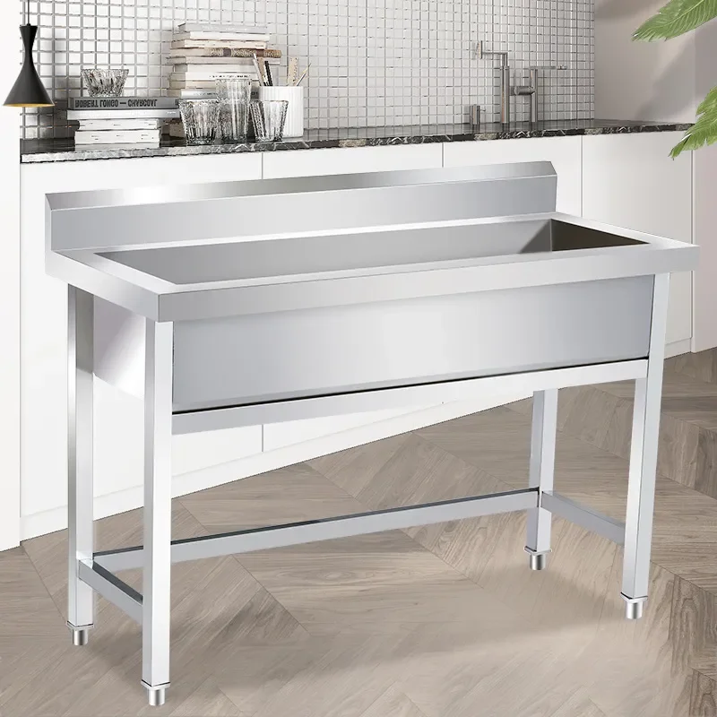 Commercial Stainless Steel Single Bowl Sink with Drainboard and Bracket Integrated Long Vegetable Basin for Kitchen Canteen