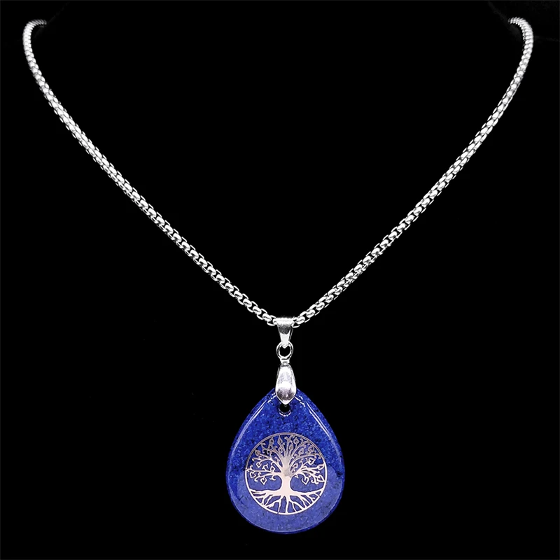 Yoga Tree of Life Necklace for Women Men Lapis Lazuli Stone Stainless Steel Silver Color Amulet Chain Jewelry collier NZZZ366-5S
