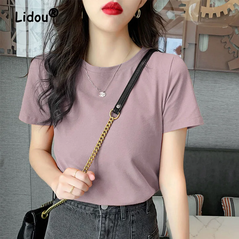 Summer Loose Solid Color All-match Cotton T-shirt Women Classic Short Sleeve O-collar Slim Affordable Lady Casual Top 2023