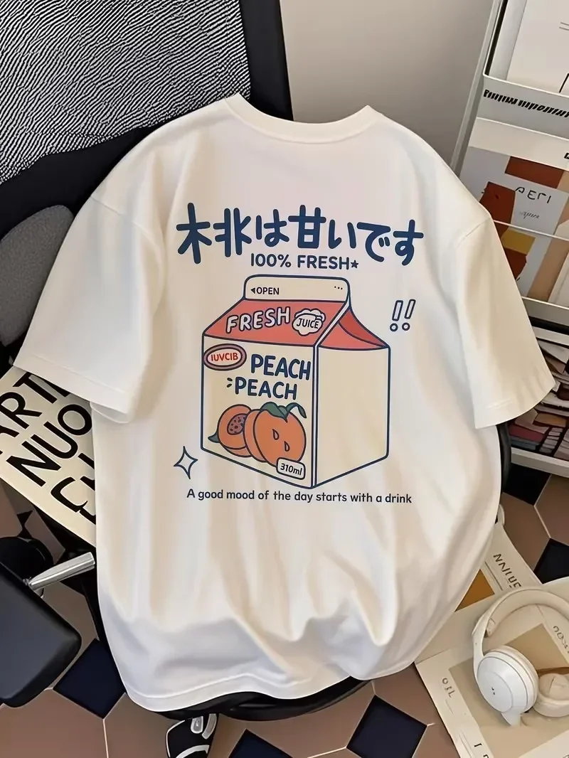 Kawaii Peach Juice Box Graphic T Shirt Japanese Harajuku Style Tops Women Trendy Aesthetic Casual Loose Short Sleeve Tee