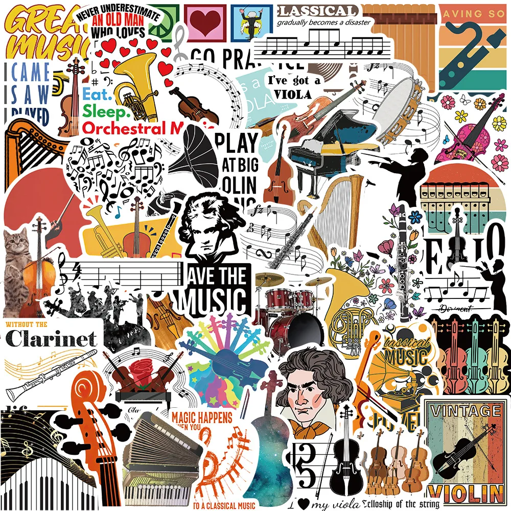 52PCS Musical Instrument Orchestra Music Cartoon Graffiti Stickers Guitar Refrigerator Luggage Kid Classic Toy Sticker Decals