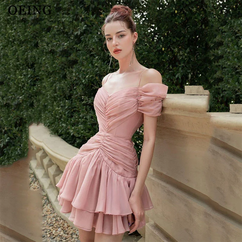 

OEING A-Line Light Pink Prom Dress Pleats Tiered Off The Shoulder Party Gowns Mini Short Organza Dress 2025 Customized