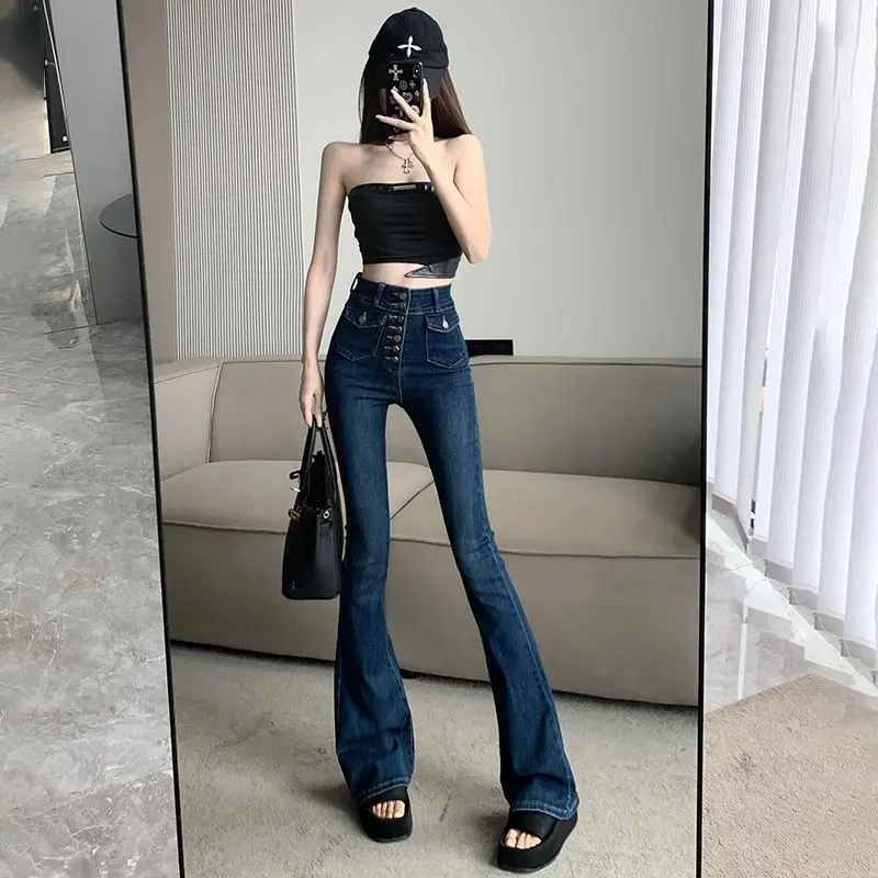 Women High Waist Flared Jeans Vintage Style Wide Leg Denim Pants with Embroidered Pockets High Waisted Jeans Flare Jeans XK163