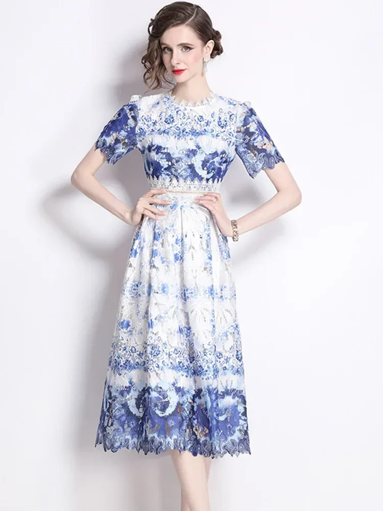 Light Luxury High-End Fashionable Slimming Lace Hollowed Out Summer Dress Women's Water-Soluble Printed Mid Length Dress