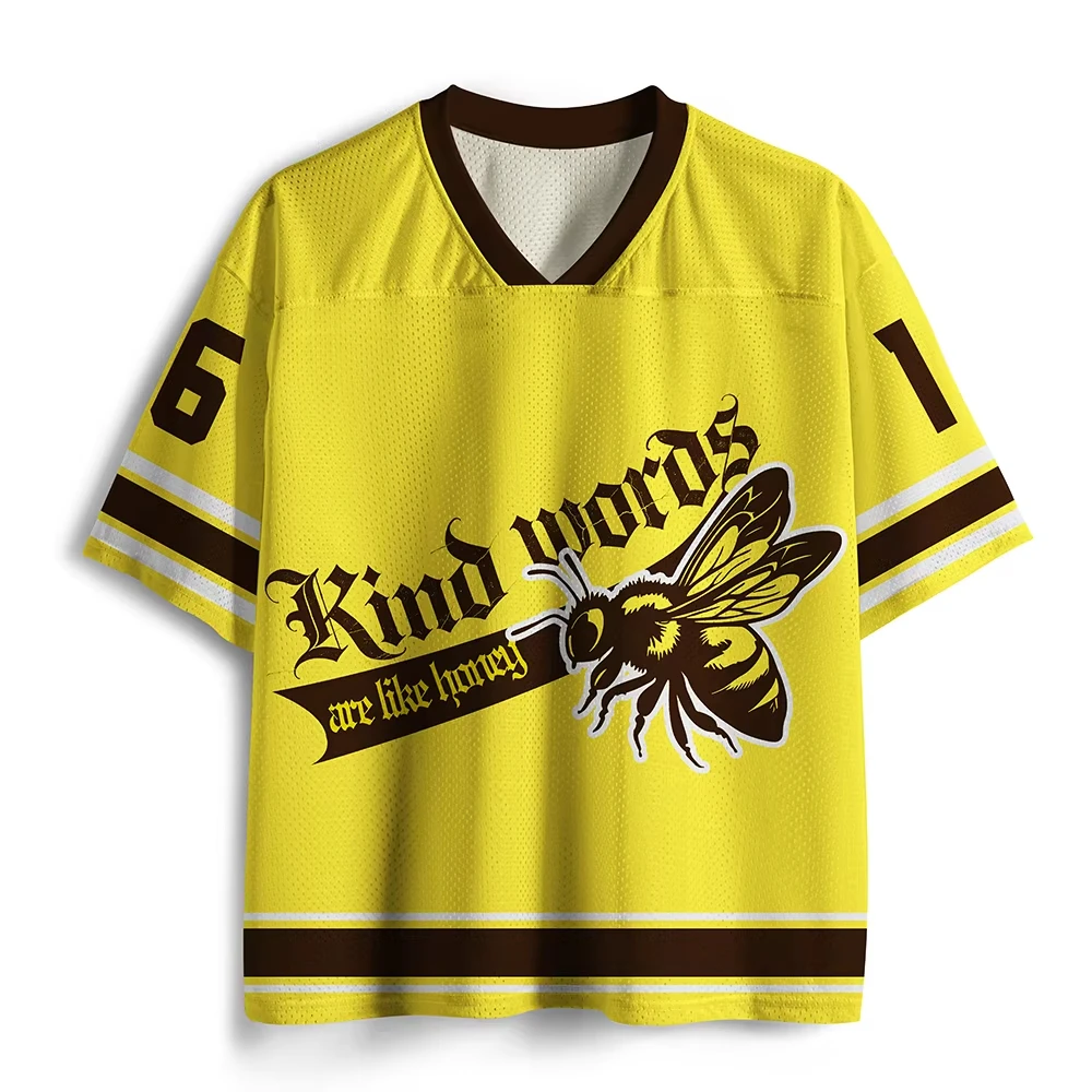 Men Y2K Hip‑Hop Mesh Short Sleeve Top Bee Print V‑Neck Yellow Brown Colorblock Streetwear Casual Pullover Shirts