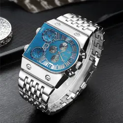 Oulm 9315 Silver Blue Golden Men's Watch Three Time Zones Quartz Wristwatches Кварцевые часы