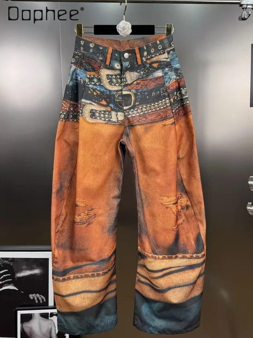 

Vintage Colorful Print Pattern American Street Personality Hot Girl Wide-Leg Pants Fashion High-Waist Loose Cargo Pants Women