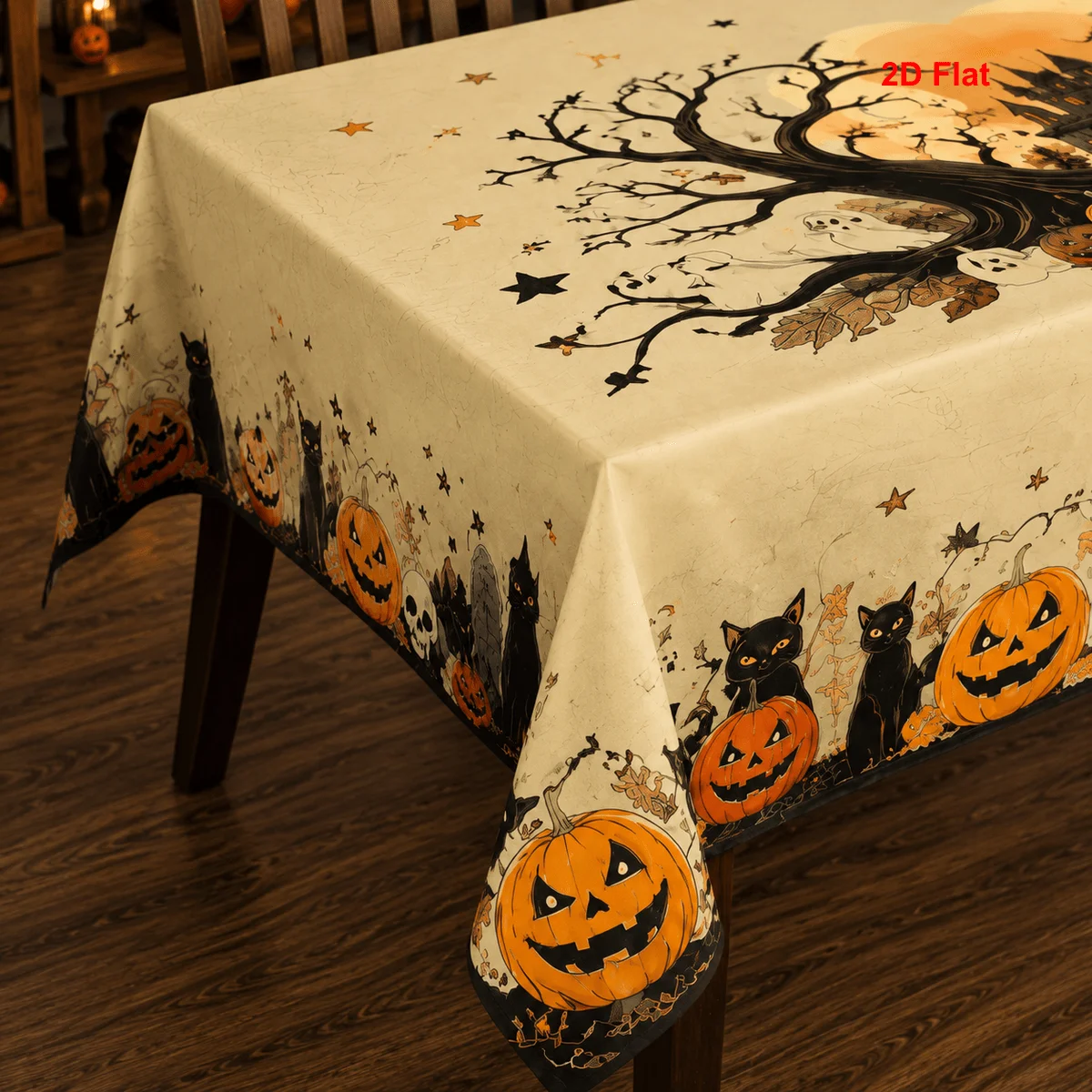 2D flat 1 piece Halloween tablecloth, pumpkin, black cat, haunted tree, print, home rectangle, polyester Halloween