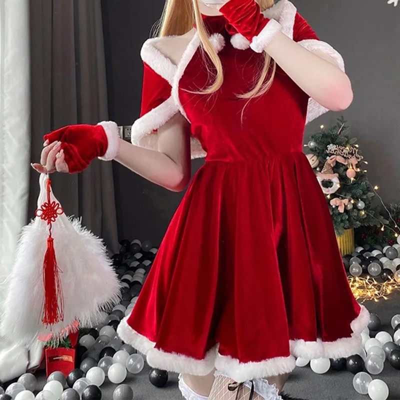 

Christmas Sexy Red Dress Sweet Women Cosplay with Shawl Lolita Costume Fluffy and Warm Clothes Winter Xmas Holiday Party