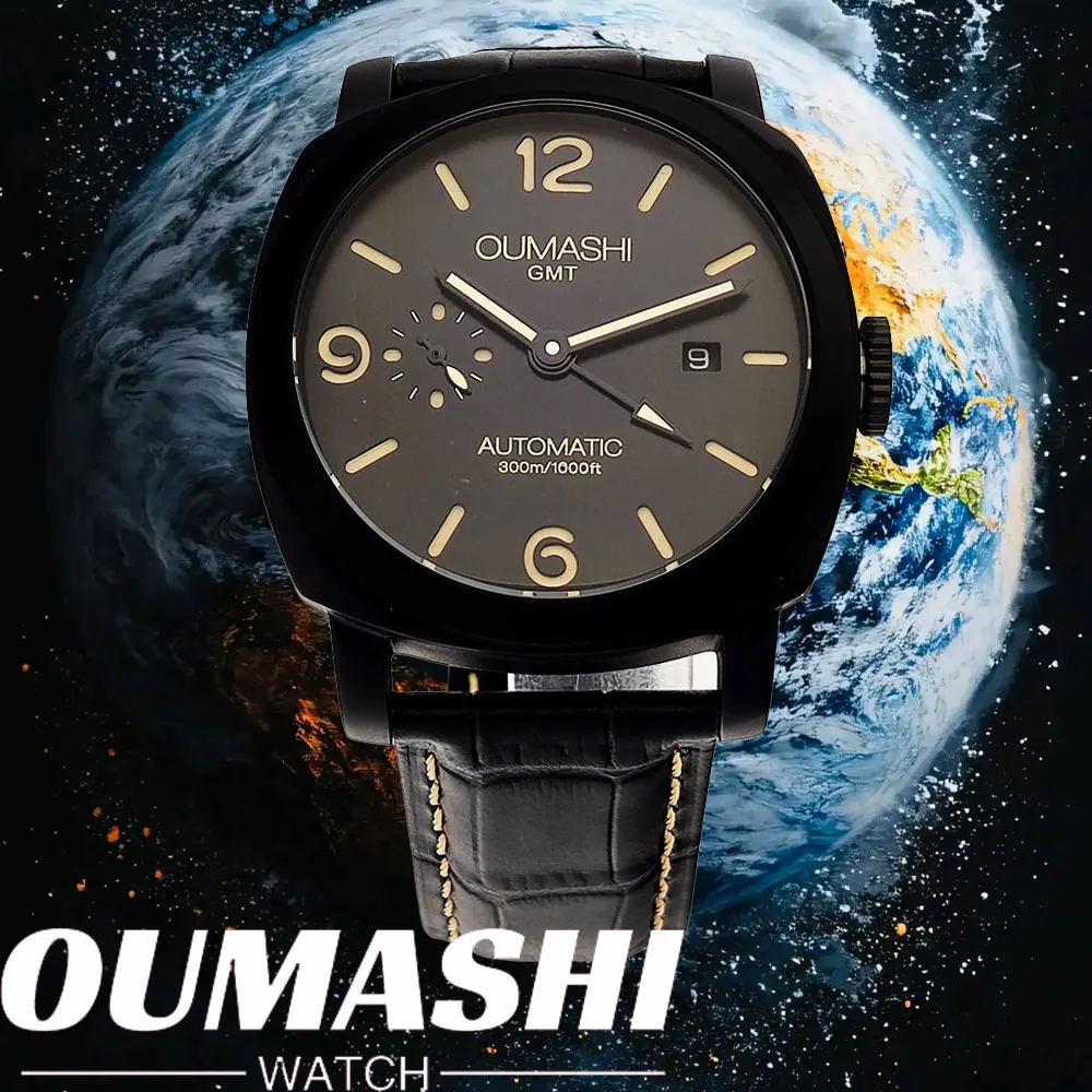 

45 мм мужские часы GMT ST2557 часы с механизмом корпус из нержавеющей стали мужские винтажные механические часы с сапфировым стеклом кожаный браслет