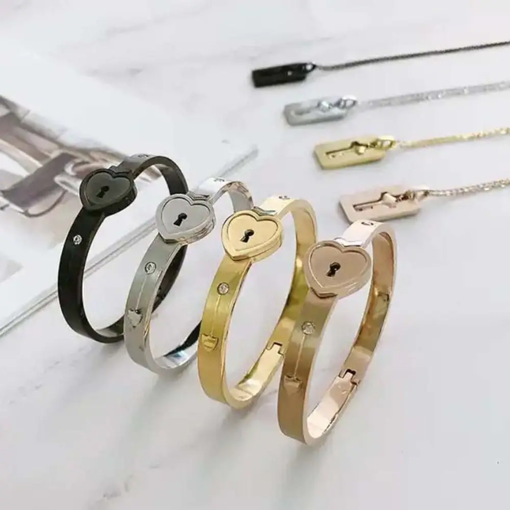 Stainless Steel Couple Jewelry Bracelet Lock and Key Gold Silver Heart Lock Bracelets Matching For Lover Key Pendant Necklace