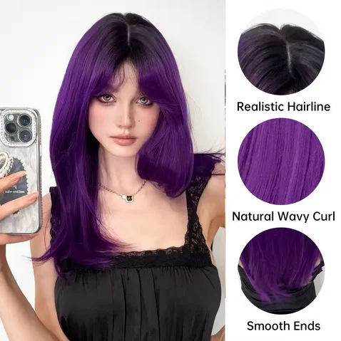 Long Straight Black Purple Ombre Synthetic Wigs for Women Natural Hair Wig With Bangs Heat Resistant Wig Cosplay Party Daily Use