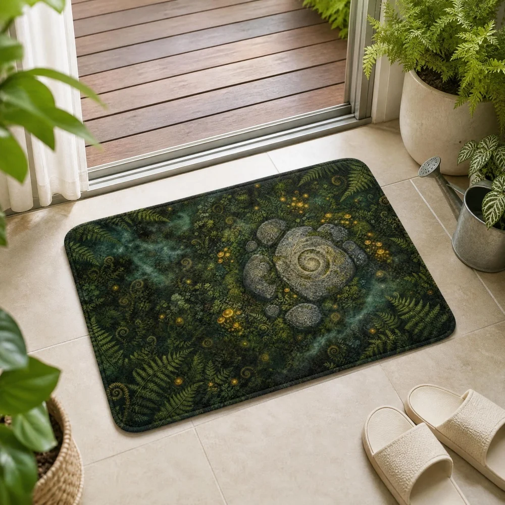 Forest Fern Stone Circle Flannel Doormat, Dark Nature Pattern Indoor Entrance Floor Mat, Mystic Botanical Area Rug