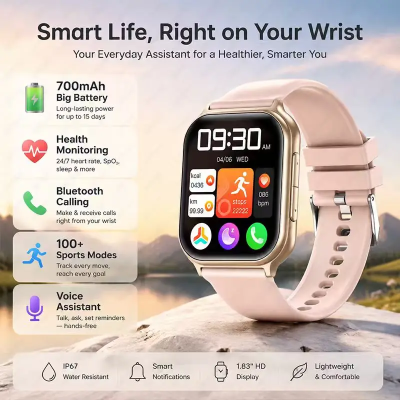 2026 latest outdoor smartwatch,Bluetooth calling,heart rate monitoring function,multiple sports modes,simple and stylish classic