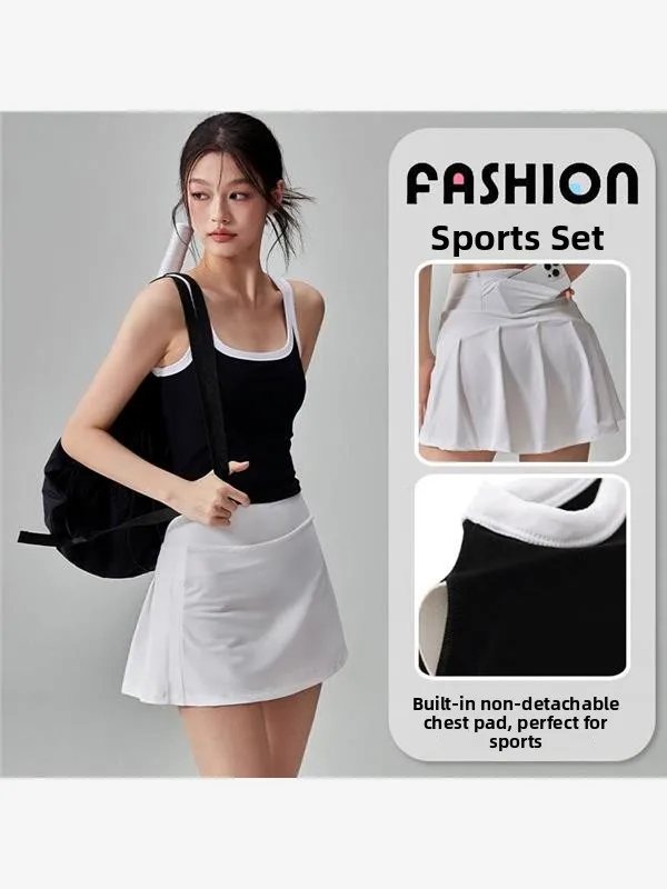 

Летняя спортивная юбка, комплект на бретелях, тонкая универсальная плиссированная юбка Qui Dry, повседневная модная одежда для йоги