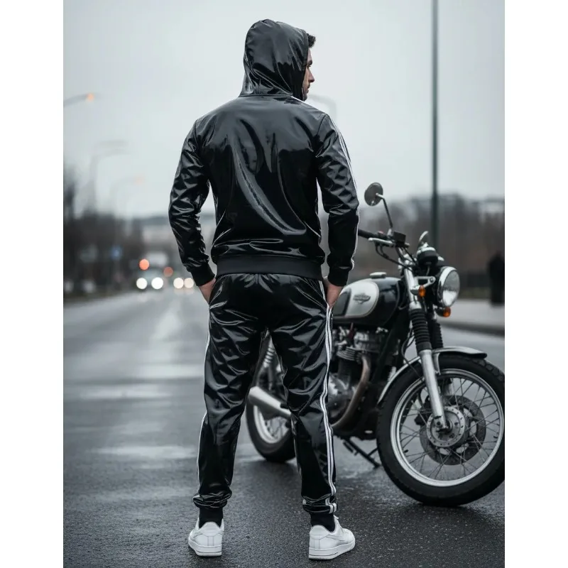 2026 Men's and Women's PU Leather Hoodie Suit Leisure Sportswear Hoodie Jogging Suit Sportswear Suit Bright Leather Sportswear view 4