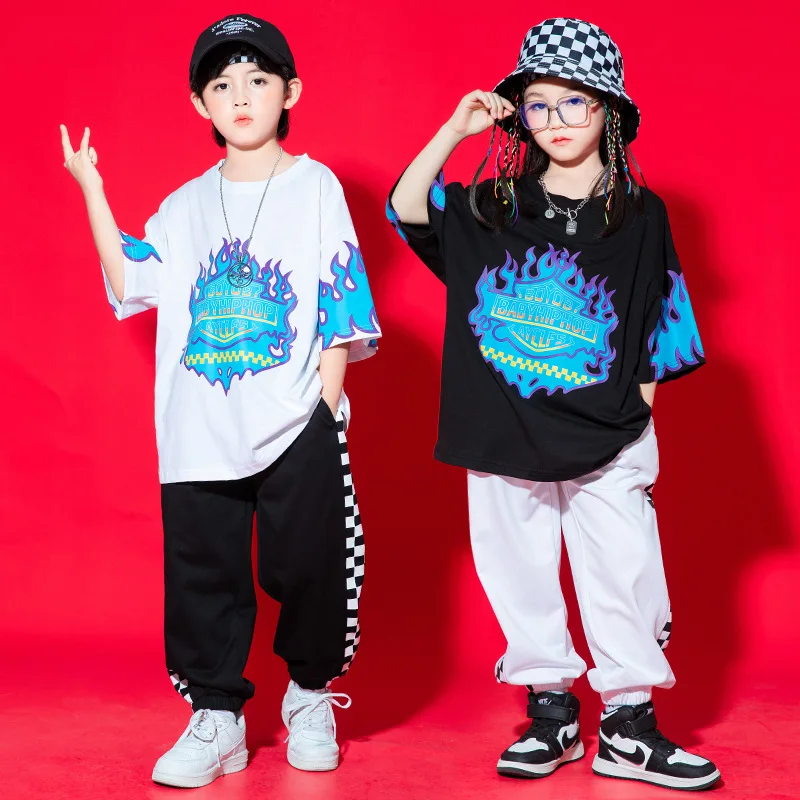 Kid Hip Hop Clothing Graphic Tee T Shirt Top Checkered Casual Street Sweat Jogger Pants for Girl Boy Jazz Dance Costume Clothes