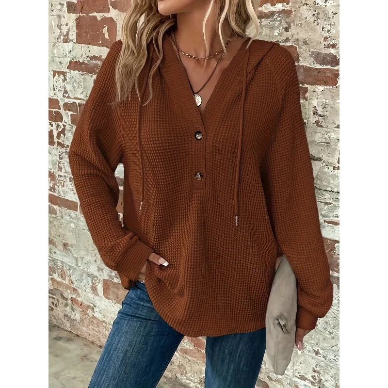 Plus Size 1XL-5XL New Women's Fashion Hooded Long Sleeved Solid Color Hoodie Sweatshirt Women with Buttons Hoodie
