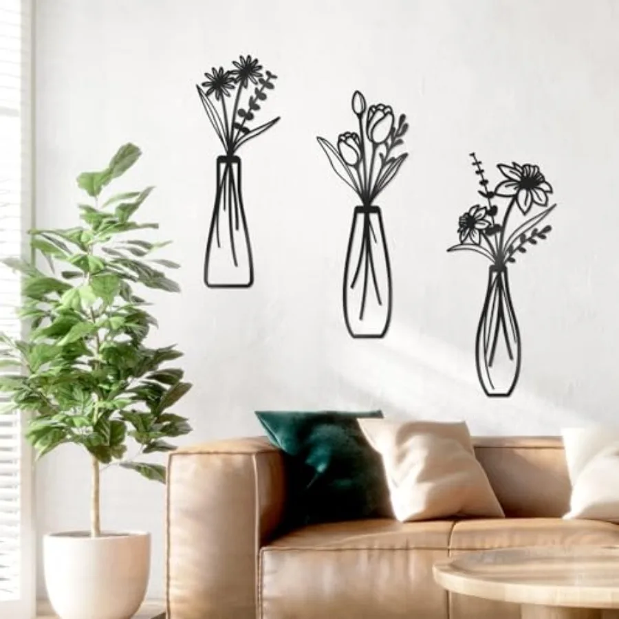 3 Pcs Metal Flowers Wall Decor Black Metal Wall Art Farmhouse Flowers and Vases Minimalist Wall Art for Living Room Bathroom Be