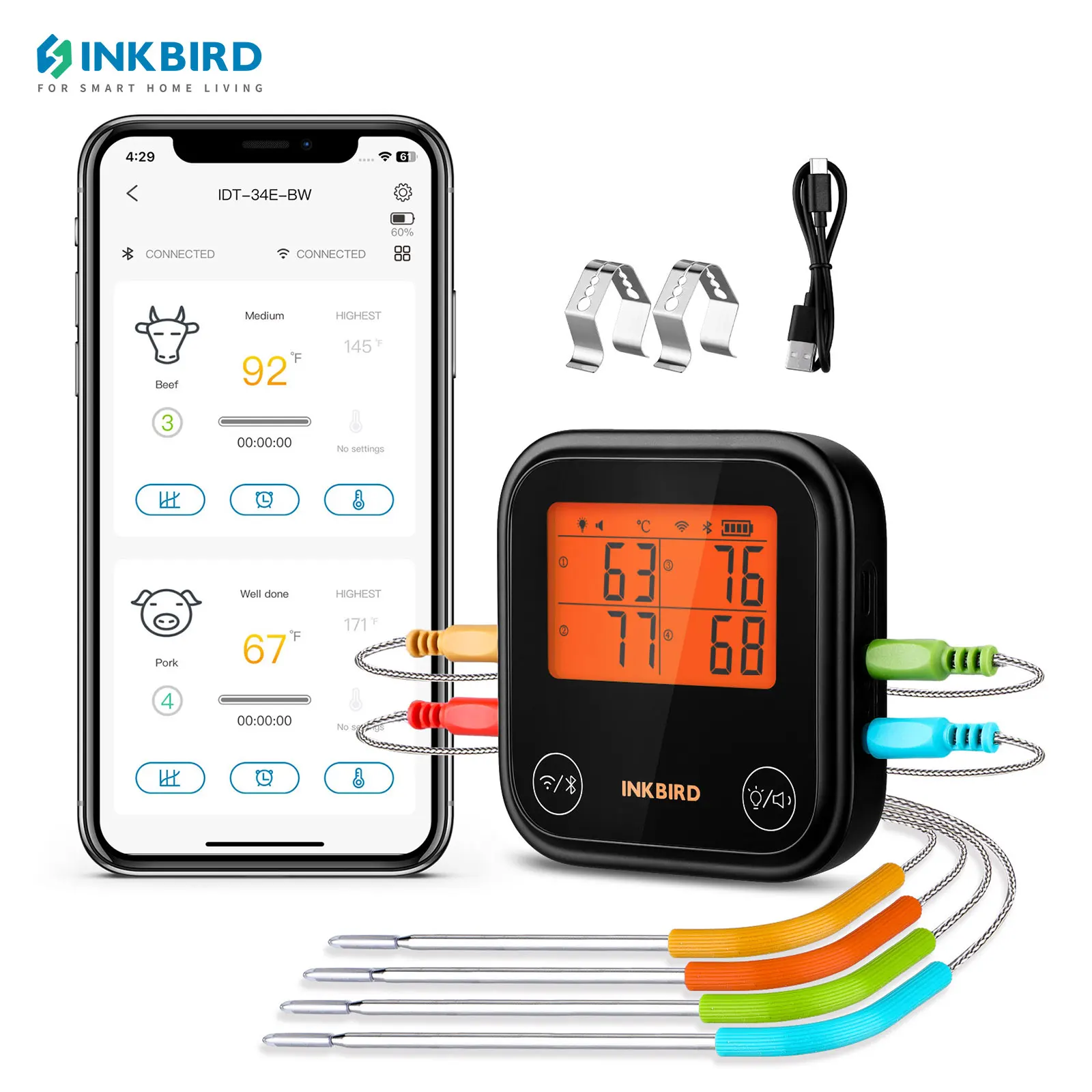 INKBIRD IDT-34E-BW Digital Meat Thermometer With 4 Probes Wifi Bluetooth Dual Mode Wireless Thermometer for Kitchen Cooking,BBQ