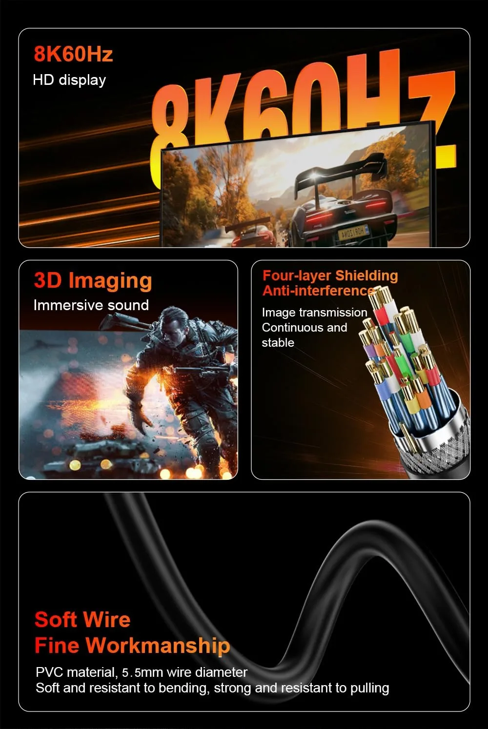 DisplayPort 1.4 Cable 8K DP Cable Display Port Cord for 8K@60Hz 4K@144Hz 2K@240Hz HDR 32.4Gbps Gold Plated Connector for Monitor