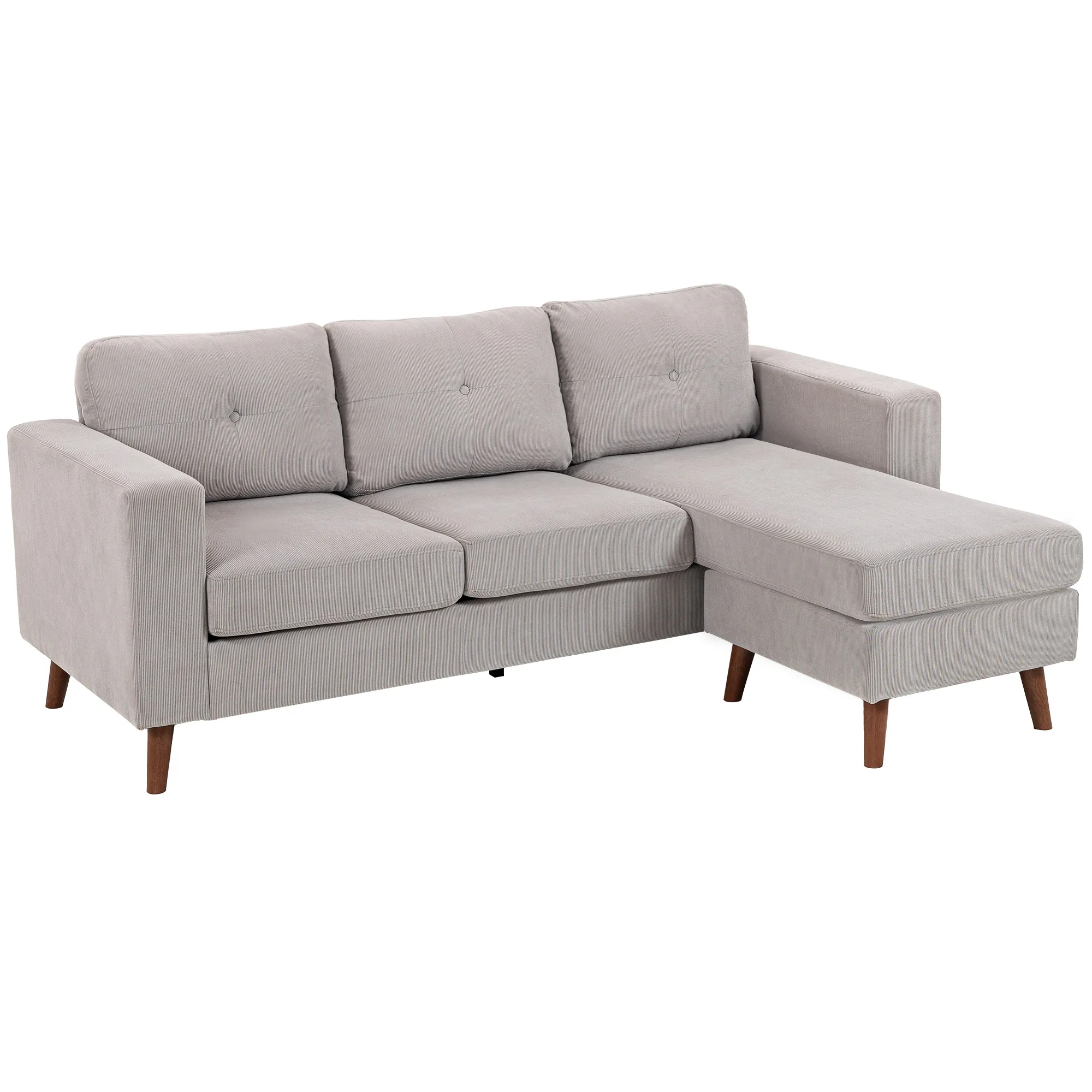 HOMCOM Canapé d'angle réversible en velours côtelé, 192 cm, canapé 3 places en forme de L modulaire avec méridienne, cadre en acier, design moderne, pour salon, appartement, petit espace, gris clair
