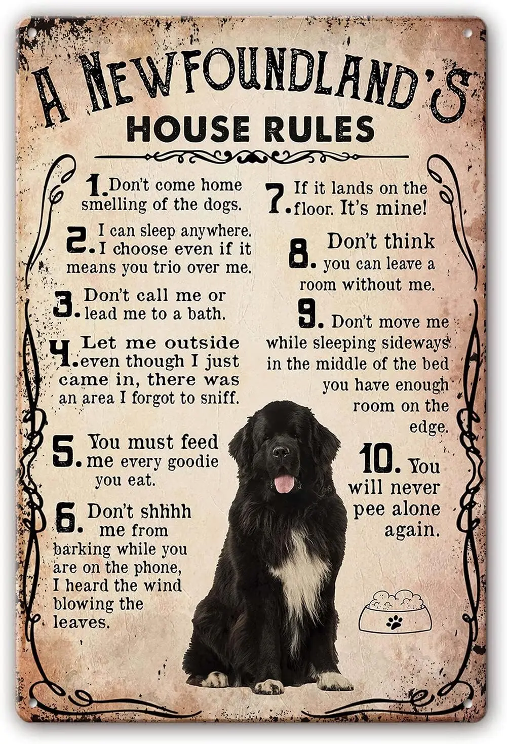 Newfoundland-Hund Wanddekoration Hausregeln Vintage Metallschild Wandkunst Hundemotiv Blechschild für Badezimmer Vertikales Kunstwerk-Set