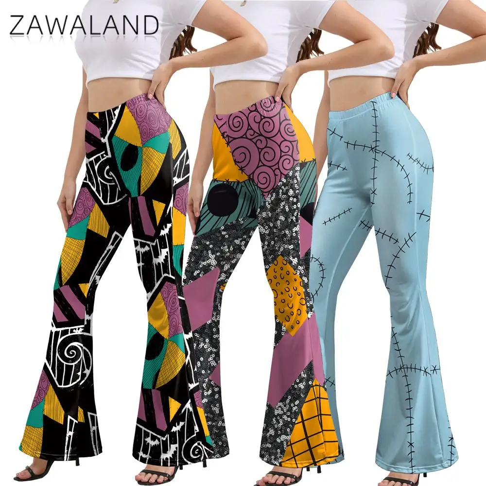 

Zawaland Halloween Sally Pants Carnival Cosplay Costume 3D Printing Cartoon Pattern Wide Leg Pants Fancy Party Flare Pants