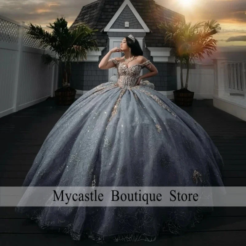 

Серые блестящие платья Quinceanera с открытыми плечами, аппликация, кружево, бисер, кристалл, тюль, корсет, вечерние, день рождения, сладкое платье 16, Vestidos