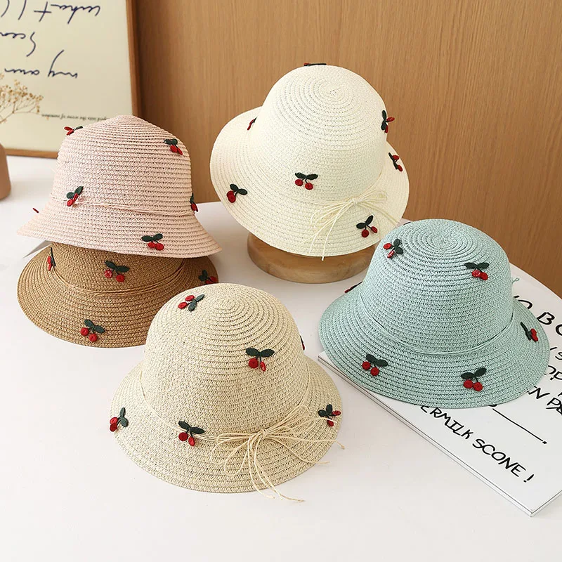 

MILANCEL Summer Kids Straw Hat 2-6T Sweet Cherry Girls Sun Hat 5 Colors Sunshade Ventilate Children Fisherman Hat