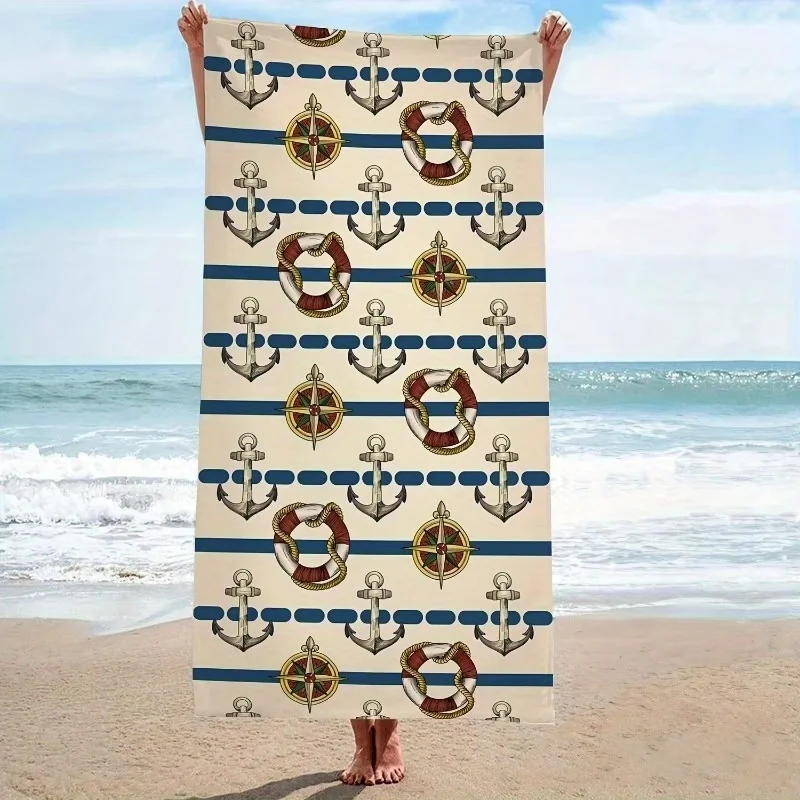 Newest Beach Towel Anchor Compass Lifebuoy Stripe Nautical Print Beach Towel Ocean Lover Swimming Towel