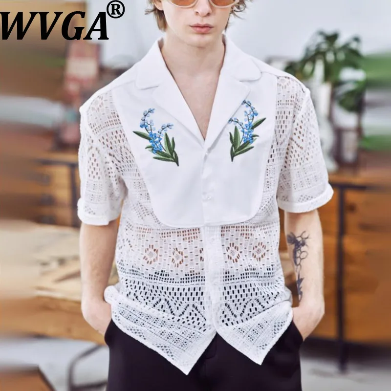 WVGA Spring Summer New Men Tide French Retro Lace Embroidery Trendy Shirts Cuban Collar Niche Chic Casual Hollow Out Tops W17839
