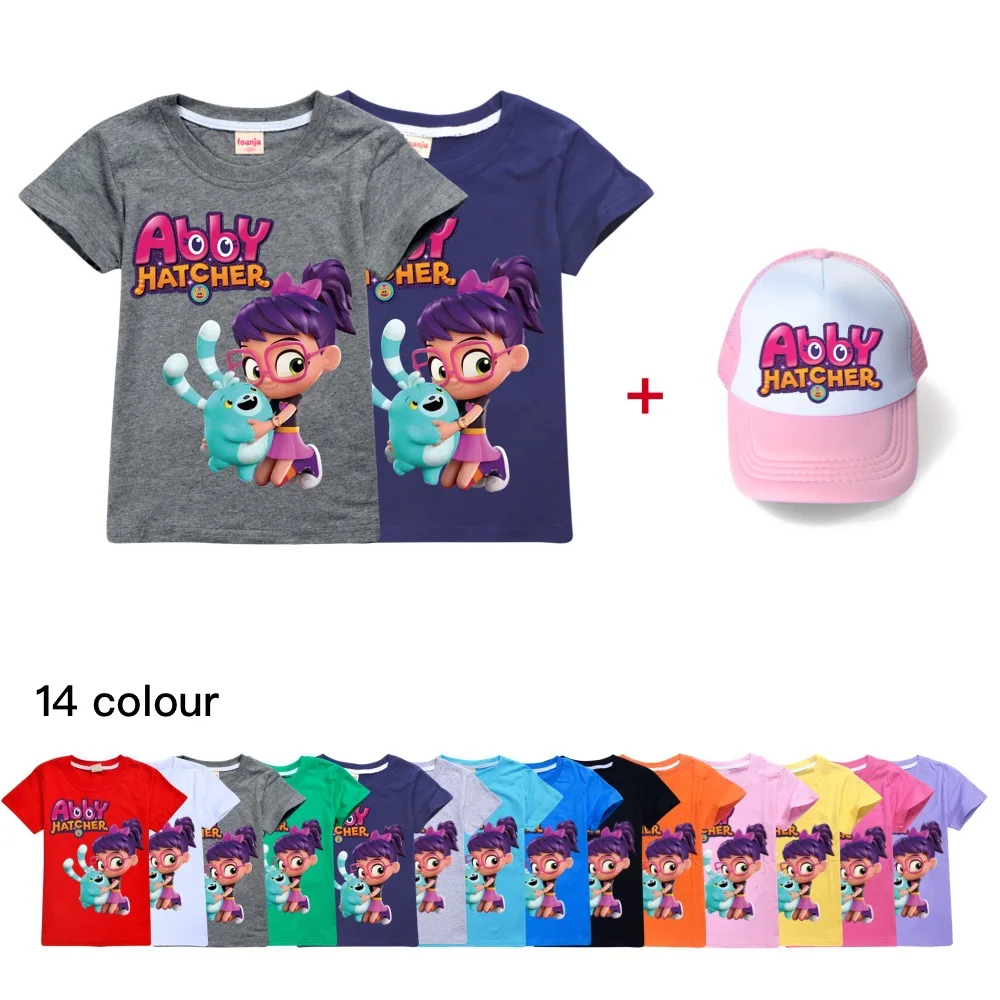 Summer Abby Hatcher Print Baby Boys Short Sleeve T Shirt Kids Boy Girls T-Shirts Cartoon Cotton Children Clothes Tops Tees +Hat