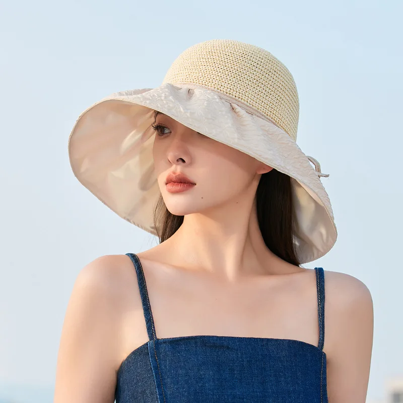 Korean Women's High Quality Embossed Bow Color Plastic Protection Summer Travel Windproof Sun Hat New