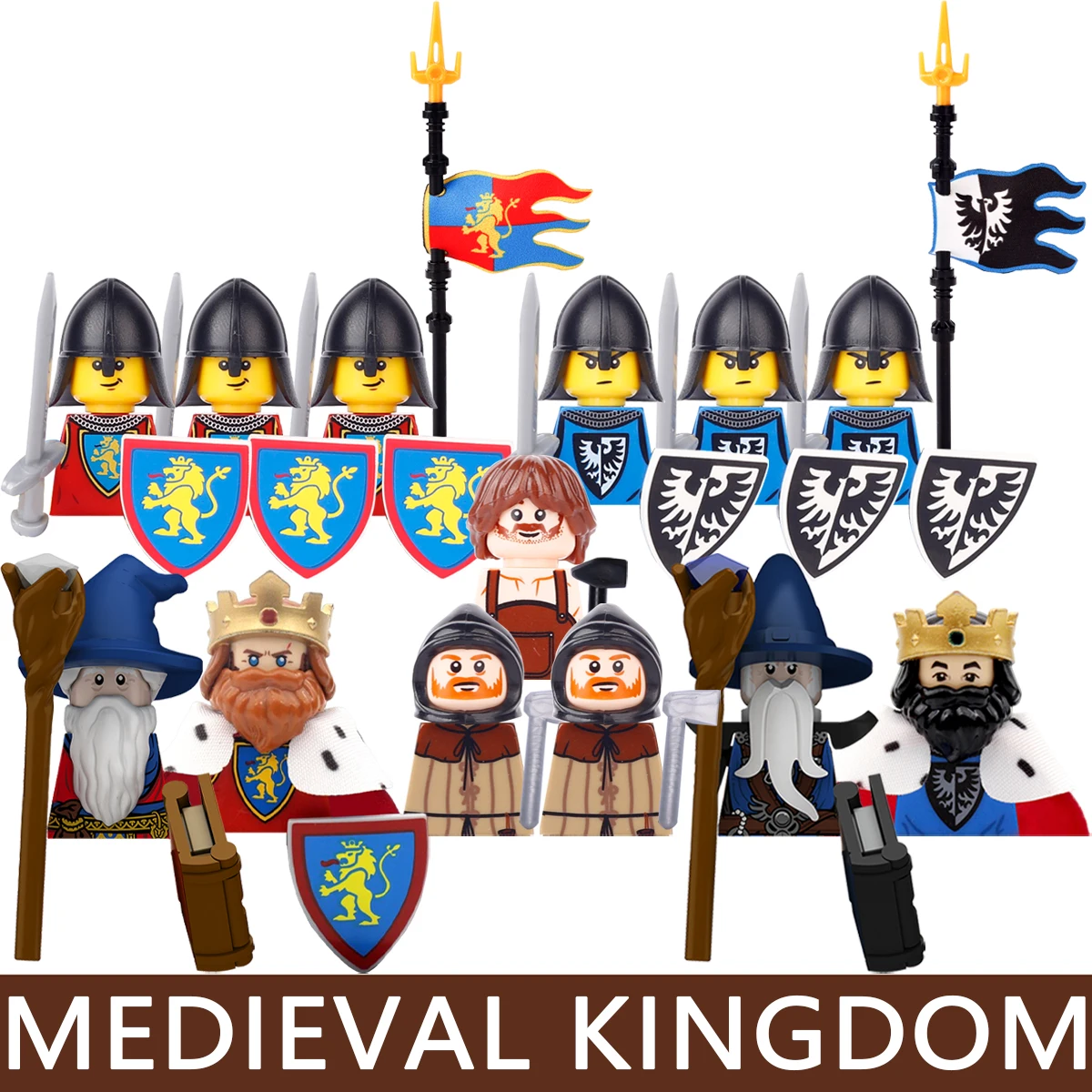 MOC Scene Medieval Black Eagle Castle Set Building Blocks Kingdom Flags Mage King Knights Blacksmith Villagers Royal Army Toys