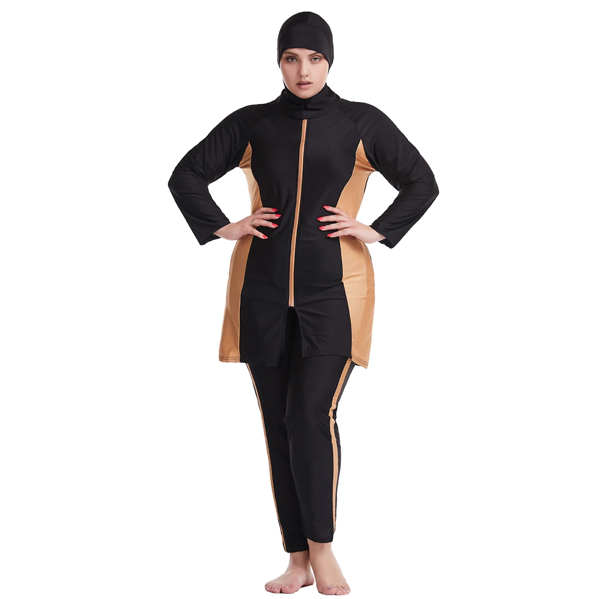 H1015 Muslim Women Fullcoverage  Long Sleeves Cover Up Burkinis Three Pieces Zipper Plus Size Block Color Swimwear Suits