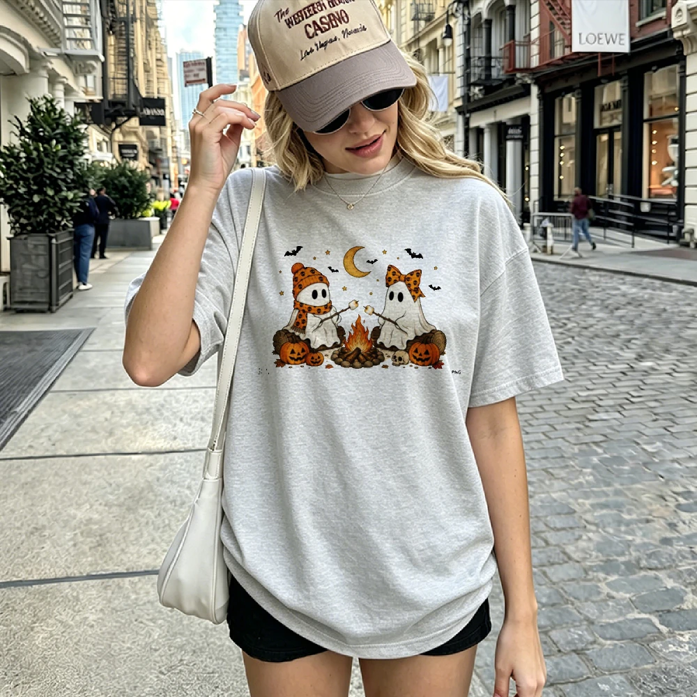 Women Halloween Ghost Campfire Roast Marshmallow T-shirt Cute Leopard Print Ghost Pumpkin Bat Moon Graphic Short Sleeve Tee Tops