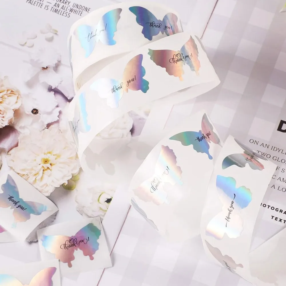 500Pcs/Roll 1in Holographic Butterfly Thank You Stickers Irregular PVC Sealing Labels