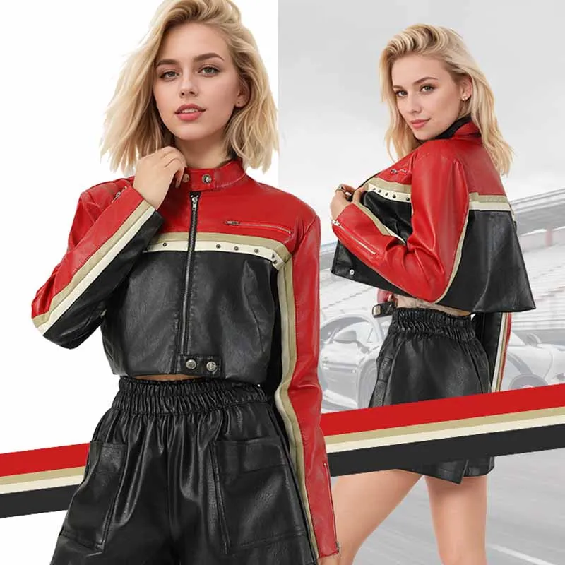 

Модная контрастная цветная лоскутная короткая куртка для женщин Y2K Hot Girl Cool Crop Pu Leather Moto Jacket Винтажное полосатое гоночное пальто