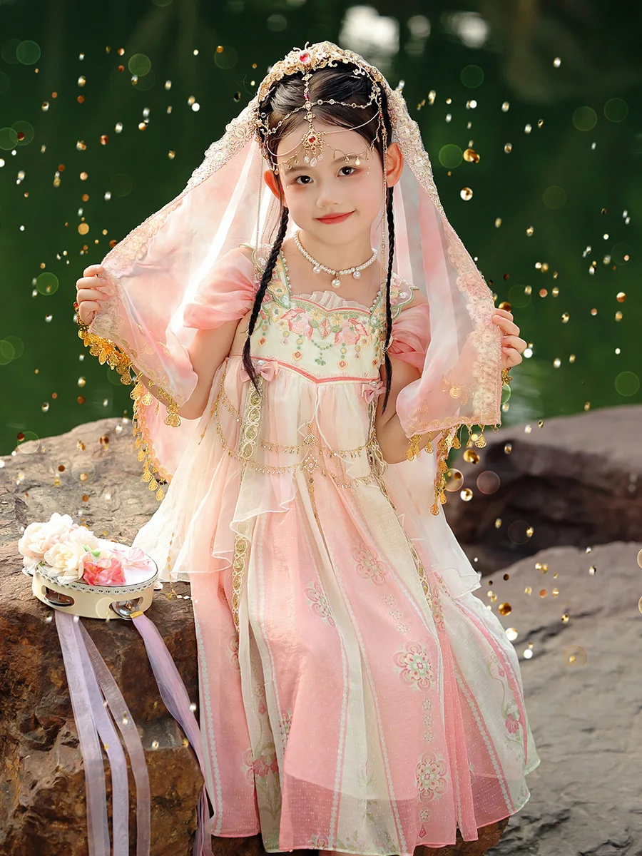 

Летняя одежда Hanfu для девочек, платье в старинном стиле для девочек, традиционный костюм Тан в китайском стиле