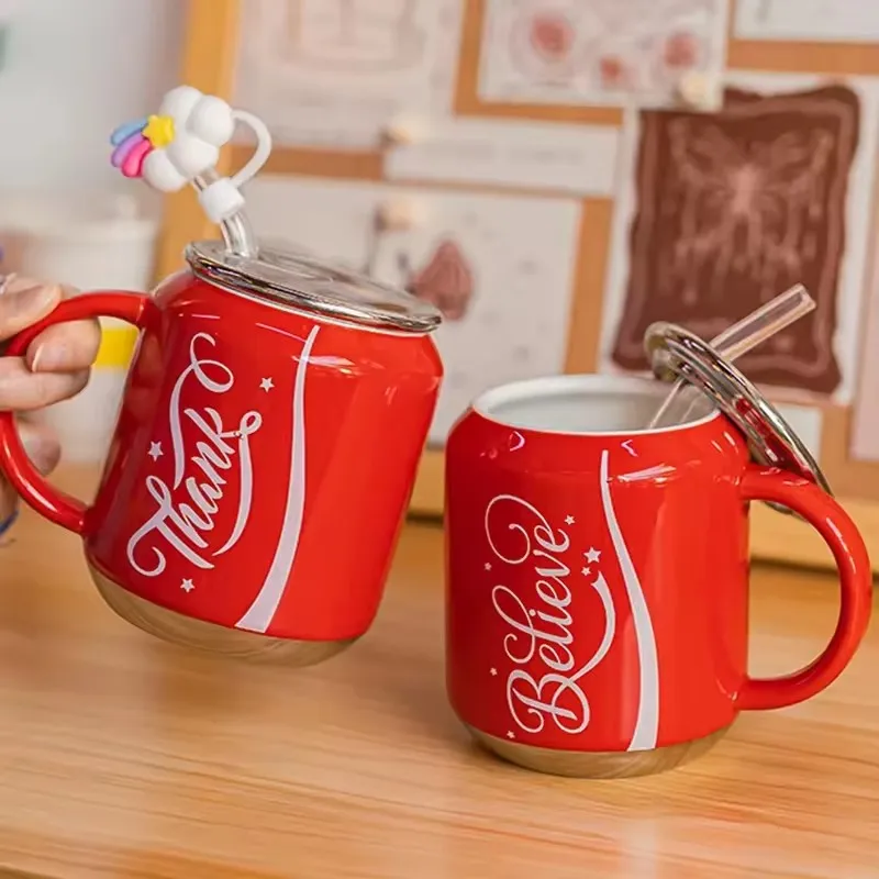 400ml Lovers Coke Cans Water Mug with Straw Lid Ceramic Believe Mugs Coffee Cups Student Couple Drinking Cup Best for Birthday