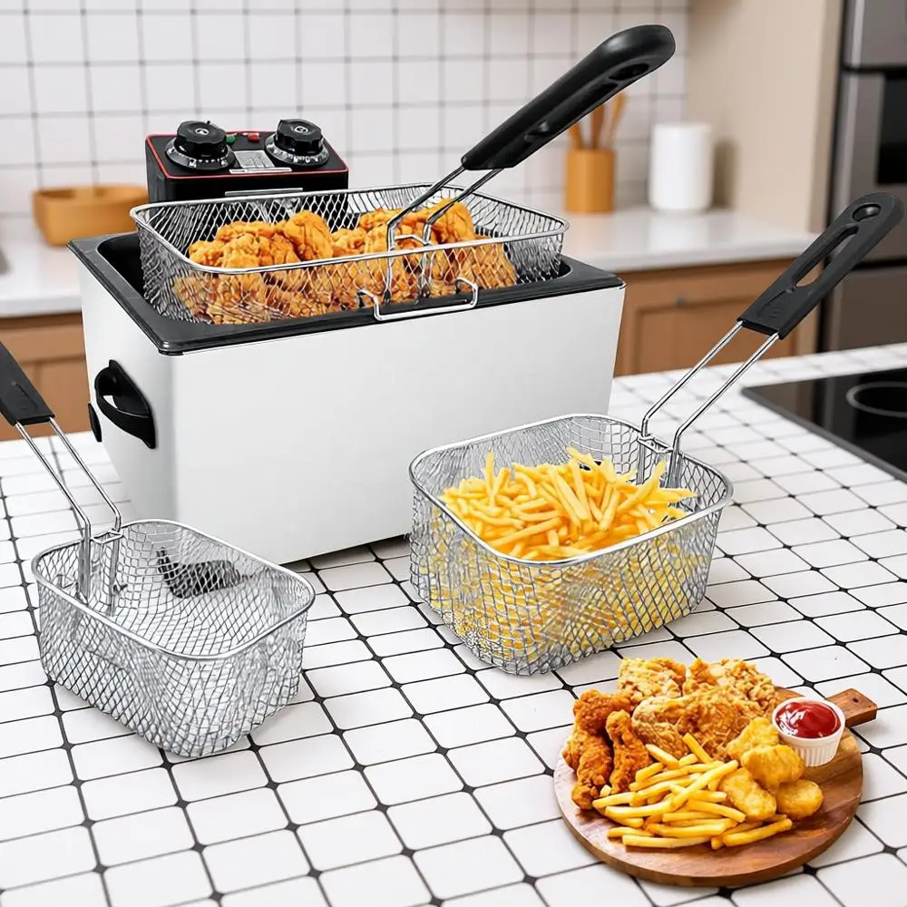 

Фритюрница электрическая 5 л, 1300 Вт, с 3 корзинами, для домашнего использования, с контролем времени и температуры, крышка из нержавеющей стали с смотровым окном